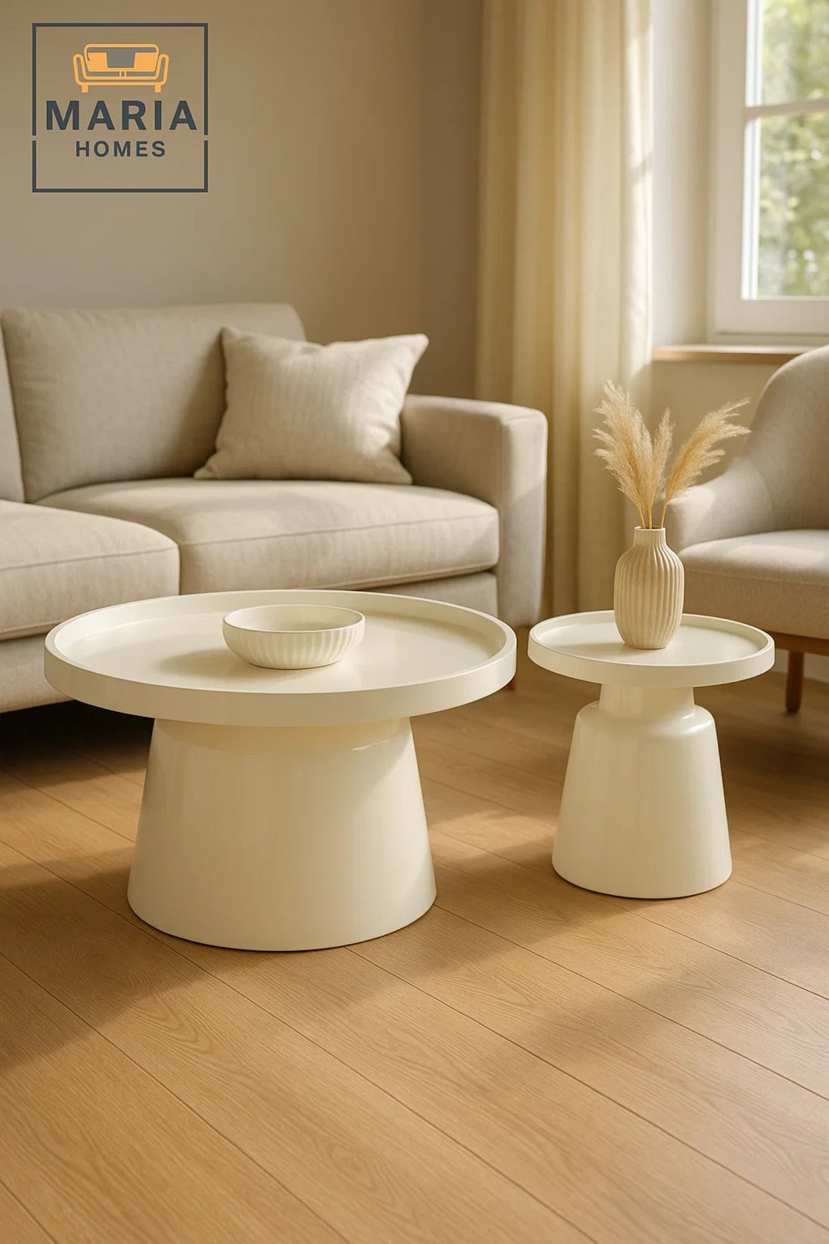 Modern White Tea Table Set 1+1 √ê Round Coffee Table and Side Table 70_70_40 / 50_50_50