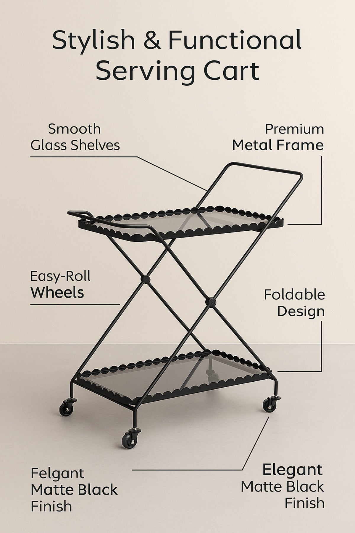 Elegant Black Metal Serving Trolley with Wheels Ð 2-Tier Bar Cart 58_38_90 cm