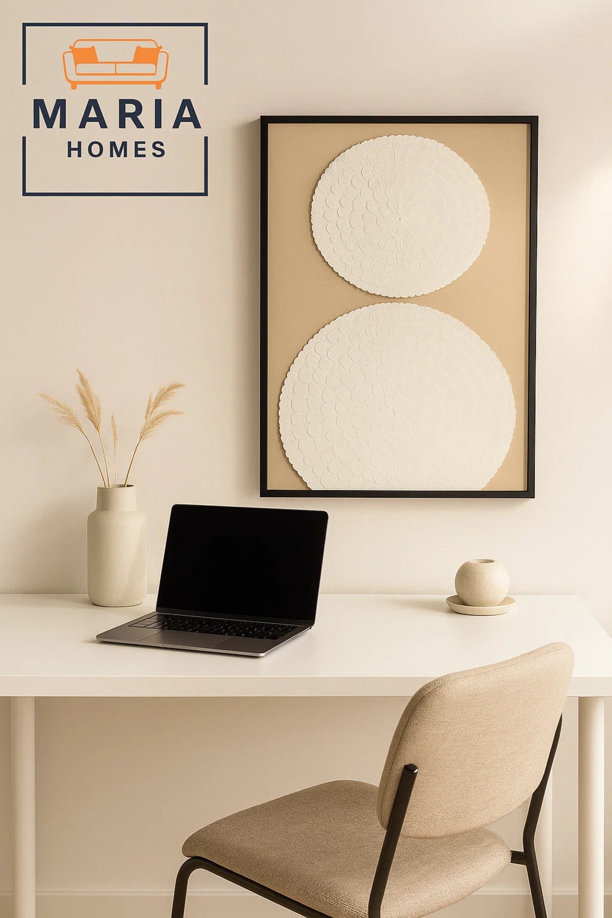 Framed Textured Wall Art Ð White Floral Mandala Design on Beige Canvas and Size 80*120cm