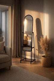 Modern Black Arched Full Length Standing Mirror with Wheels and Storage Shelf Mobile Bedroom Decor