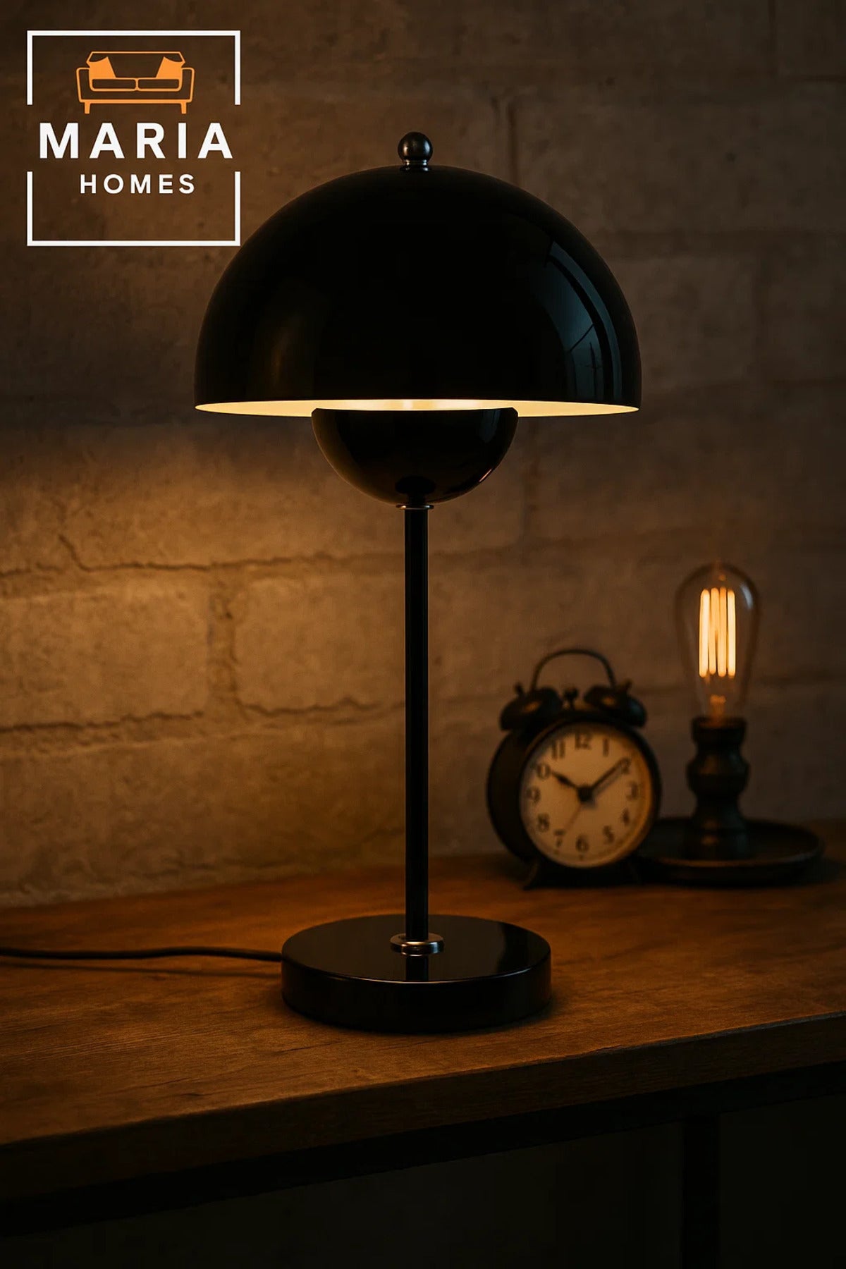 Glossy Black Dome Table Lamp