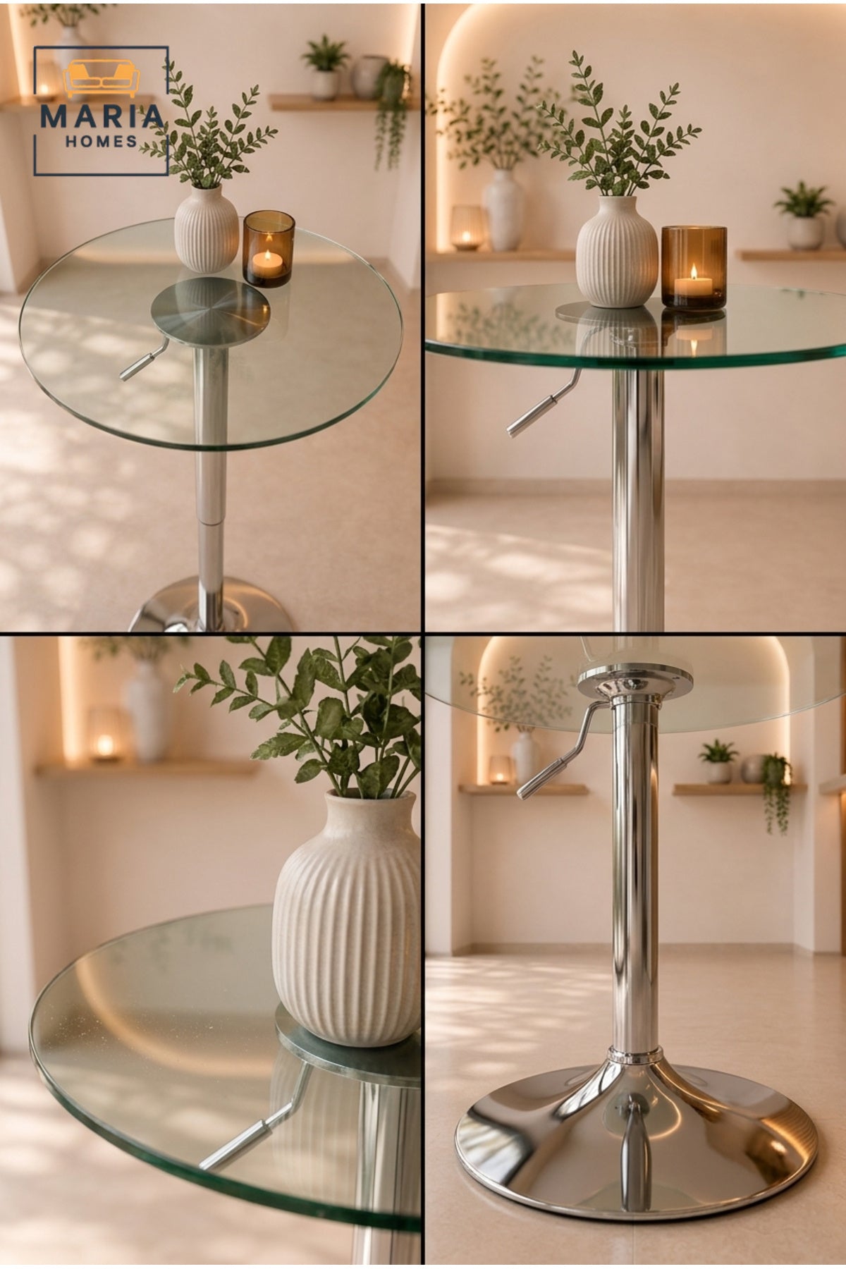 Modern Round Bar Table Glass Top Bistro Table Caf≈Ω High Table with Chrome Pedestal Base