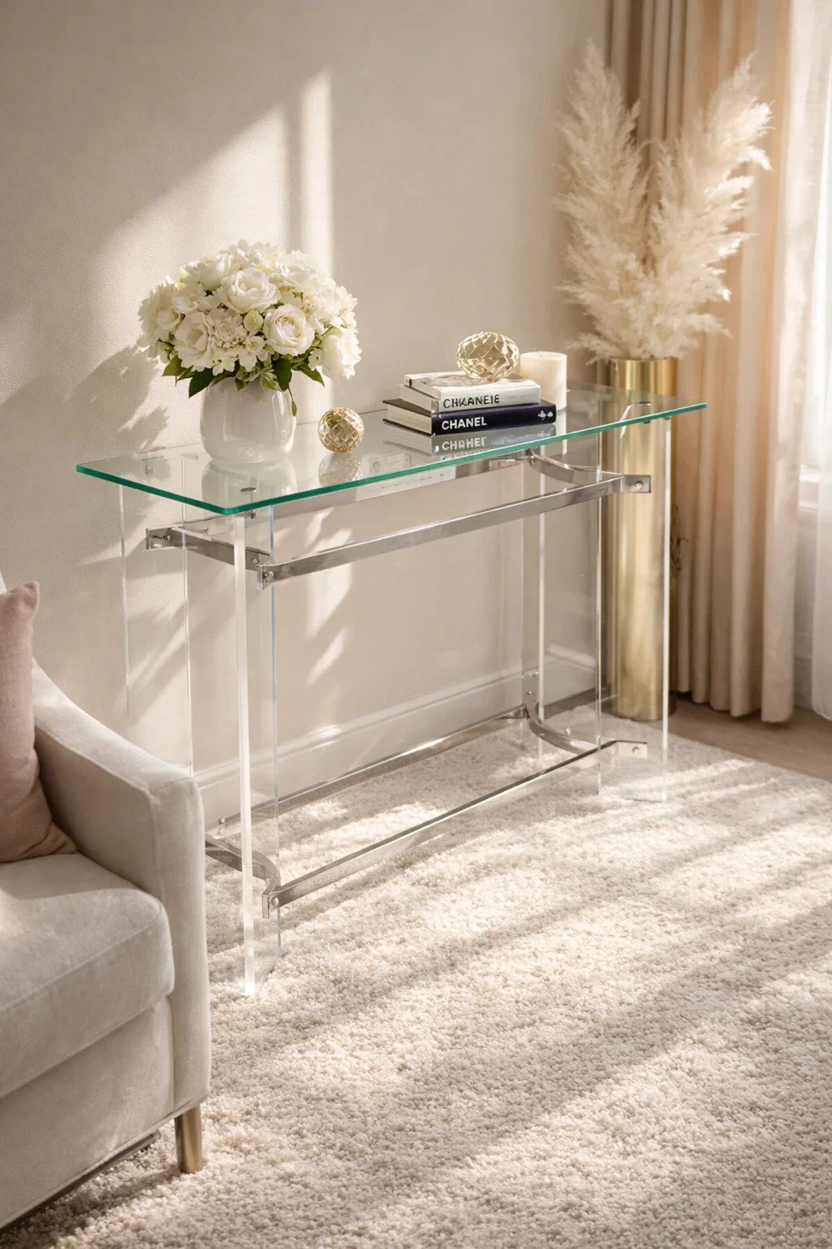 Luxury Clear Acrylic Console Table Chrome Silver Metal Frame Tempered Glass Top Hallway 120cm