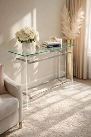 Luxury Clear Acrylic Console Table Chrome Silver Metal Frame Tempered Glass Top Hallway 120cm