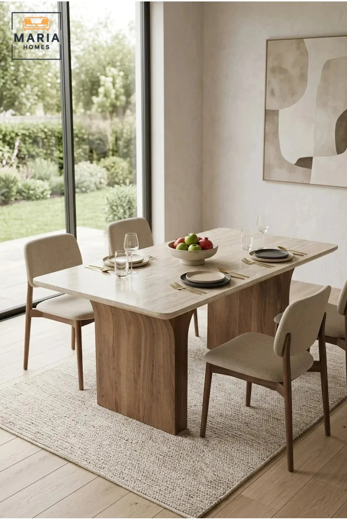 Modern Rectangular Dining Table with Wooden Top and Curved Wooden Pedestal Legs, Contemporary Table