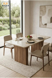 Modern Rectangular Dining Table with Wooden Top and Curved Wooden Pedestal Legs, Contemporary Table