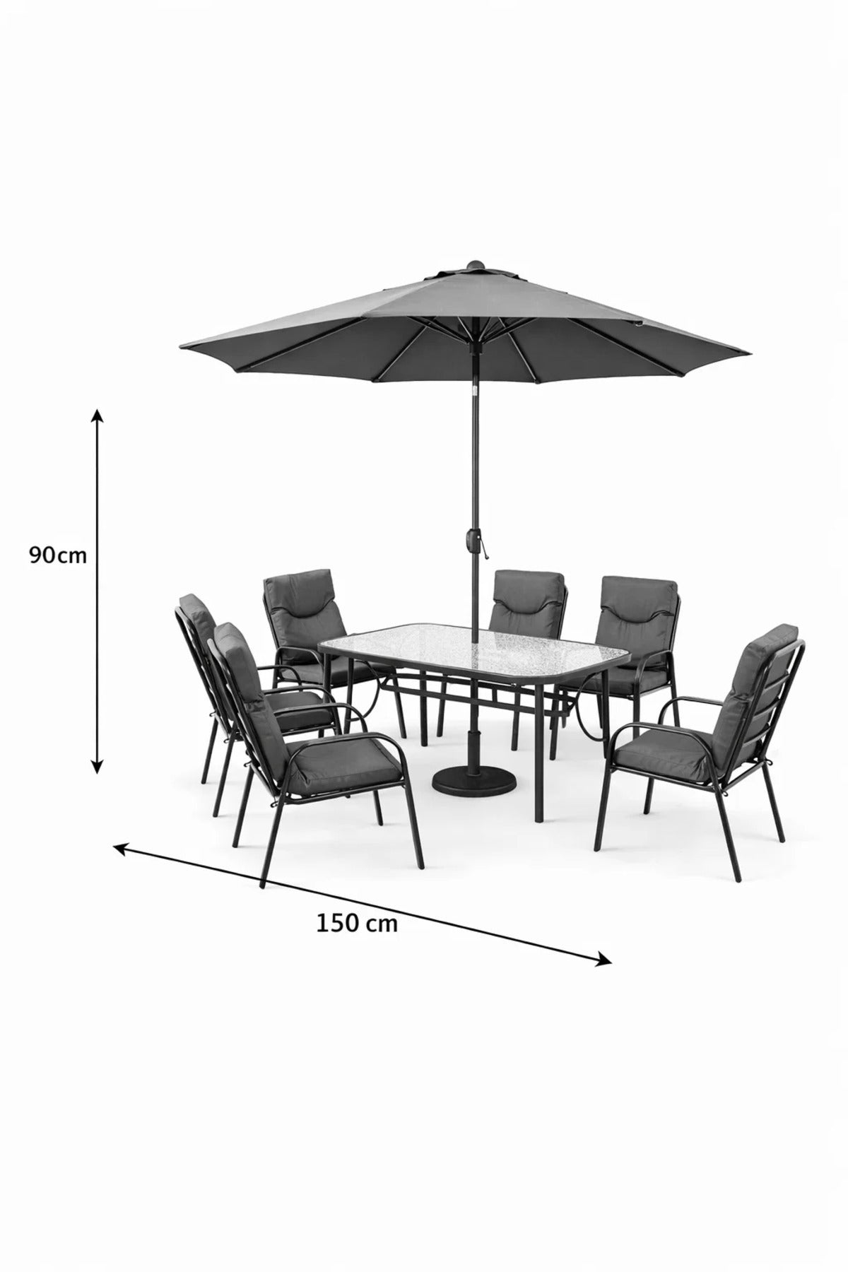 Outdoor 6-Seater Dining Set with Parasol Rectangular Table and Comfy Cushioned Chairs Dark Grey