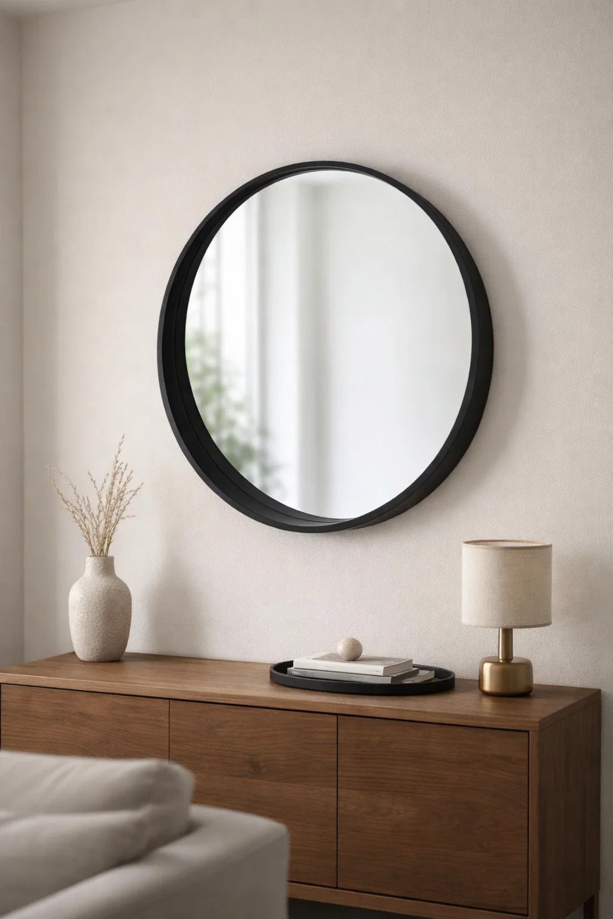 Modern Black Round Wall Mirror 70cm Wooden Frame Decorative Circle Mirror for Bathroom Bedroom
