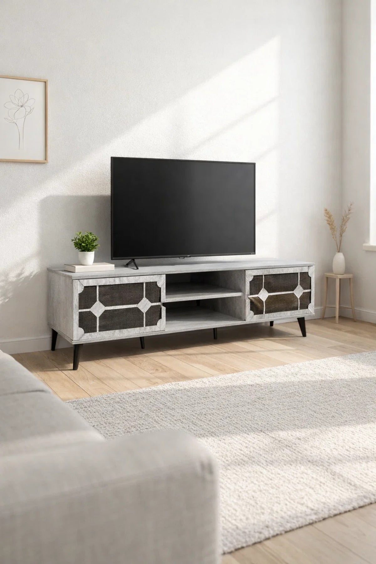 Stylish Grey TV Unit with Storage Shelves and Modern Cabinet Doors for Living Room Entertainment