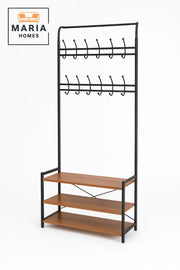 Multi-Tier Metal Coat Rack with Hooks and Wooden Shoe Shelves