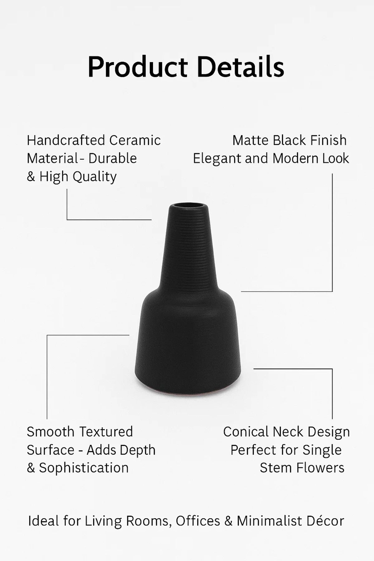 Matte Black Ceramic Cone Vase Ð Modern Minimalist Decorative Flower Vase for Home DŽcor