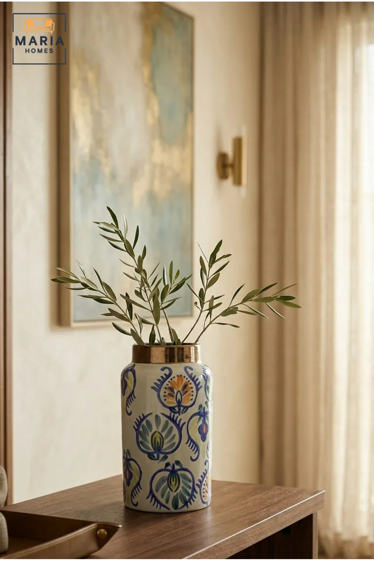 Multicolour Floral Decorative Vase, Modern Cylindrical Ceramic Flower Holder with Metallic Neck for Living Room, Bedroom, Office, Shelf and Table Décor