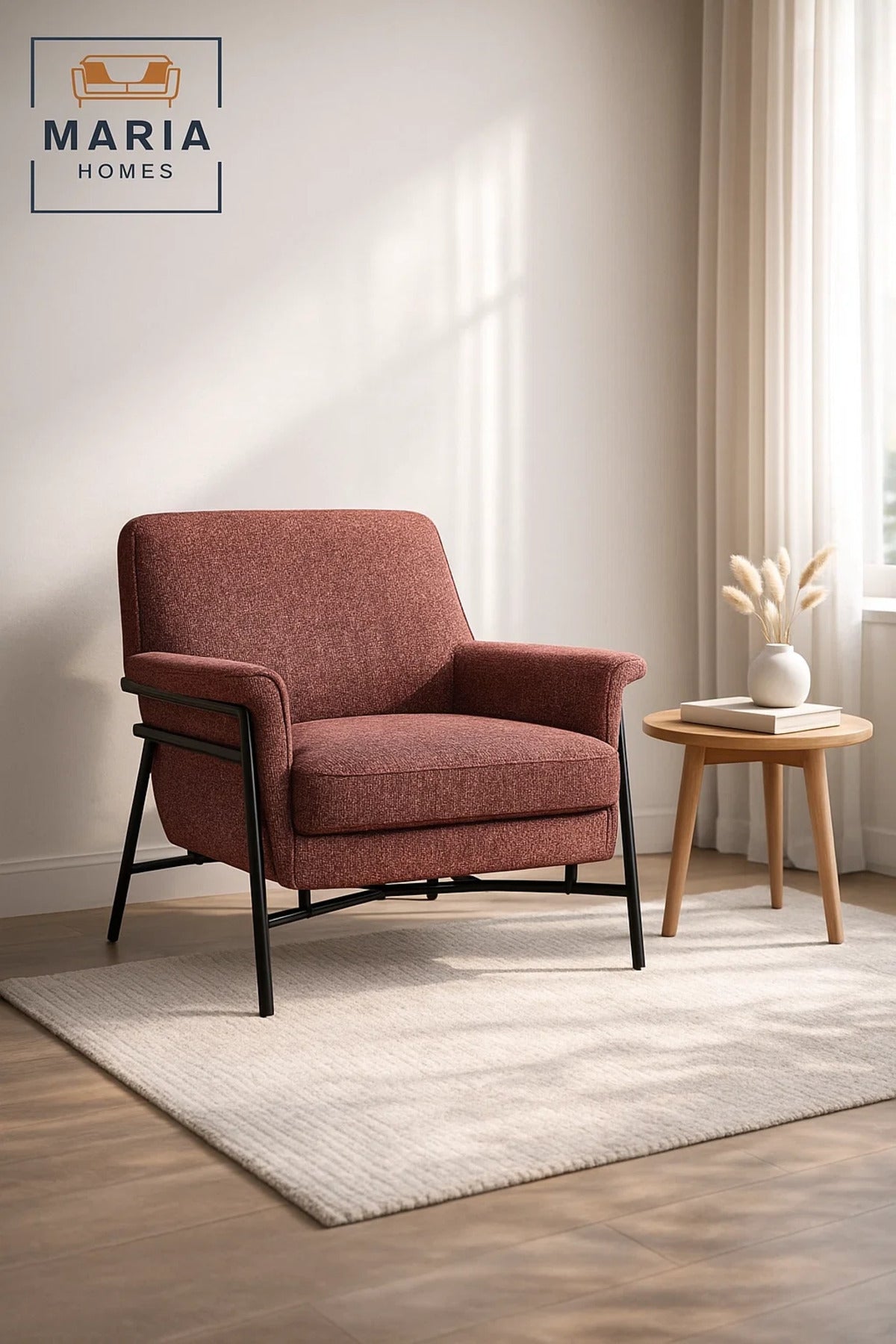 Modern Upholstered Armchair Red Comfortable Accent Chair with Metal Frame
