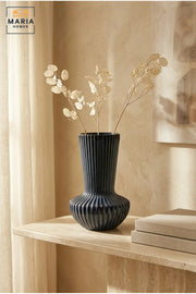 Blue Ribbed Decorative Vase, Modern Fluted Flower Holder with Rounded Base for Dried Flowers, Living Room, Bedroom, Office, Shelf and Table Décor