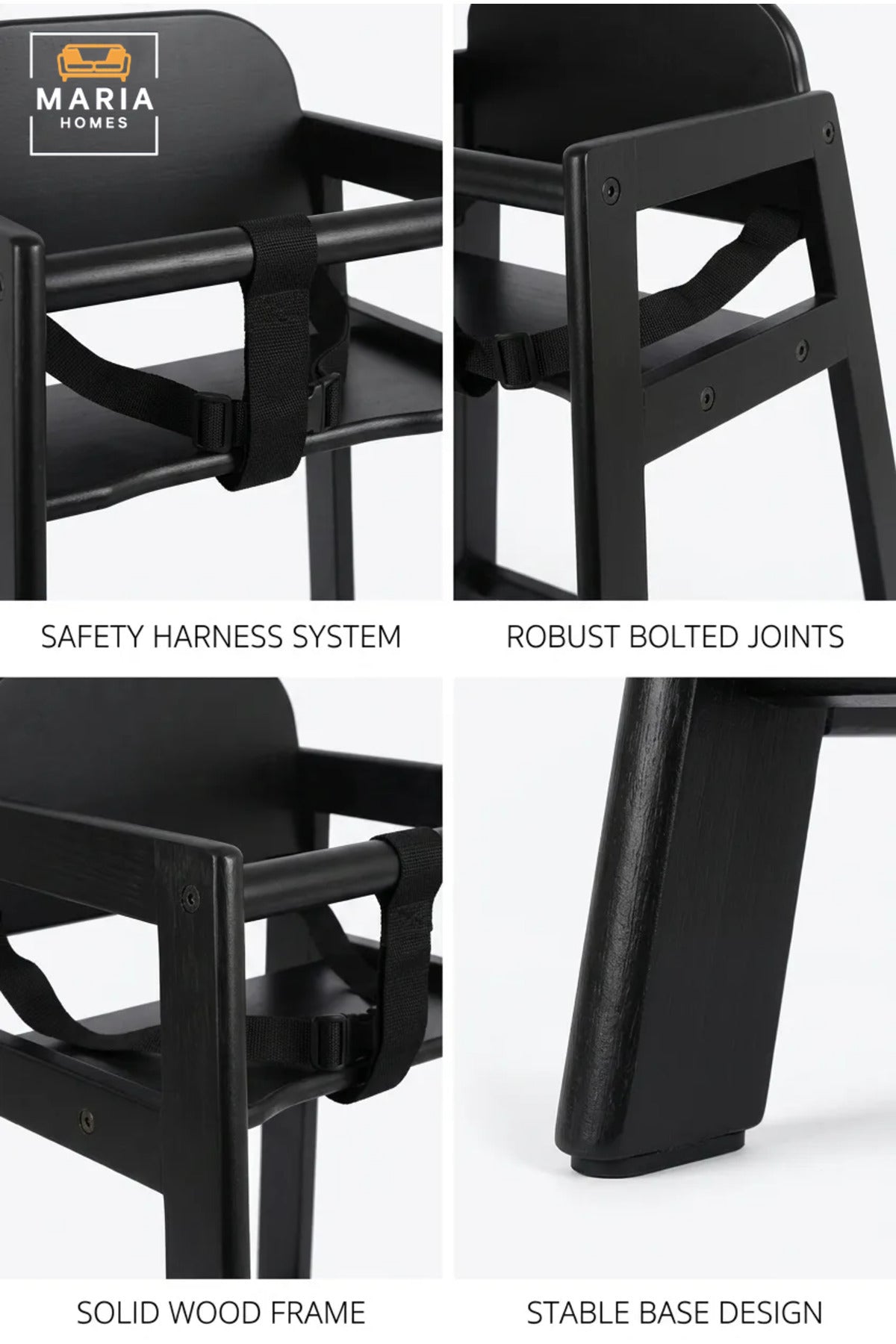 Wooden Baby High Chair | Modern Black Feeding Chair with Safety Harness | Sturdy Kids Dining Chair for Toddlers | Contemporary Wooden High Chair