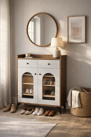 Contemporary Shoe Storage Cabinet with Arched Glass Doors and Drawers for Hallway Organization