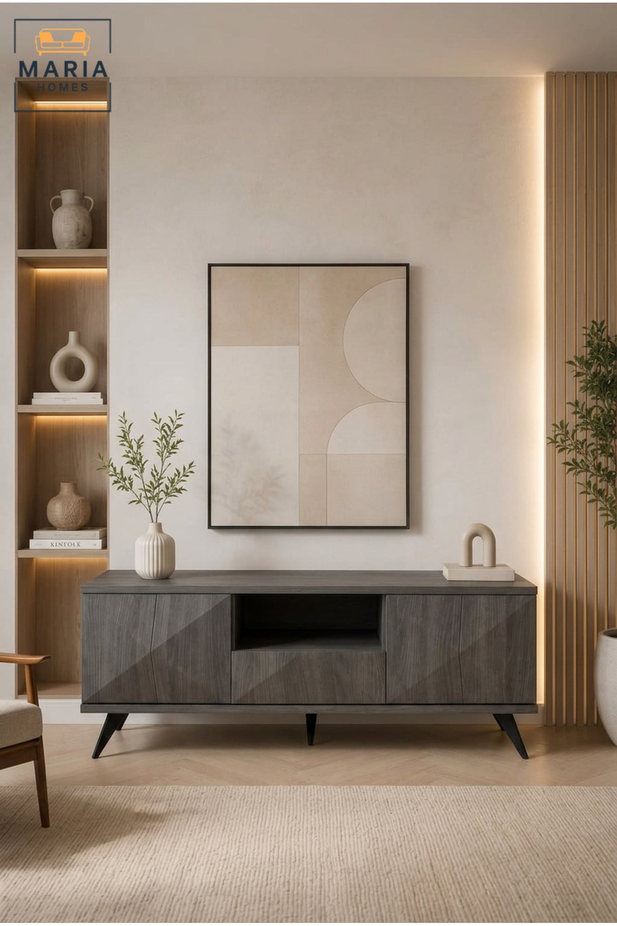 Modern TV Unit with Storage Cabinet Ð Dark Wood Entertainment Console for Living Room
