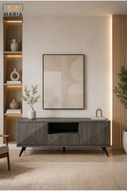 Modern TV Unit with Storage Cabinet Ð Dark Wood Entertainment Console for Living Room