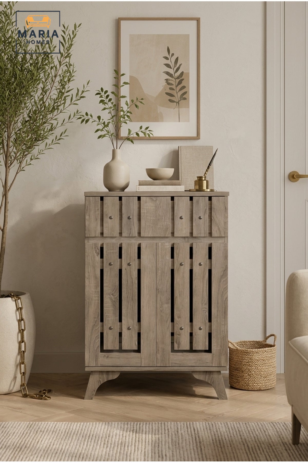 Rustic Wooden Shoe Storage Cabinet with Slatted Doors √ê Entryway Organizer Cabinet