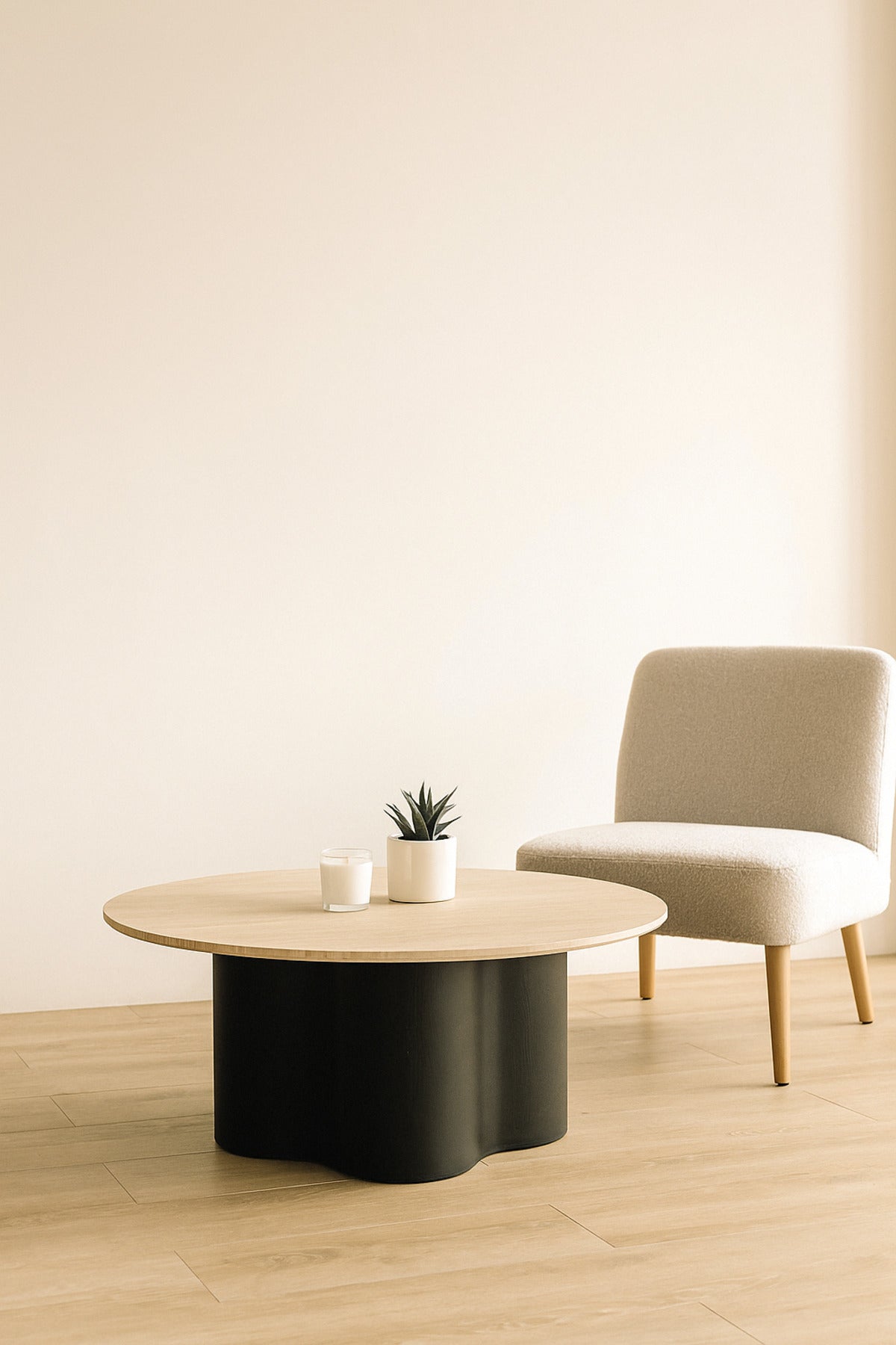 Round Black Coffee Table with Wood Top Ð Modern Center Table 90_45 cm