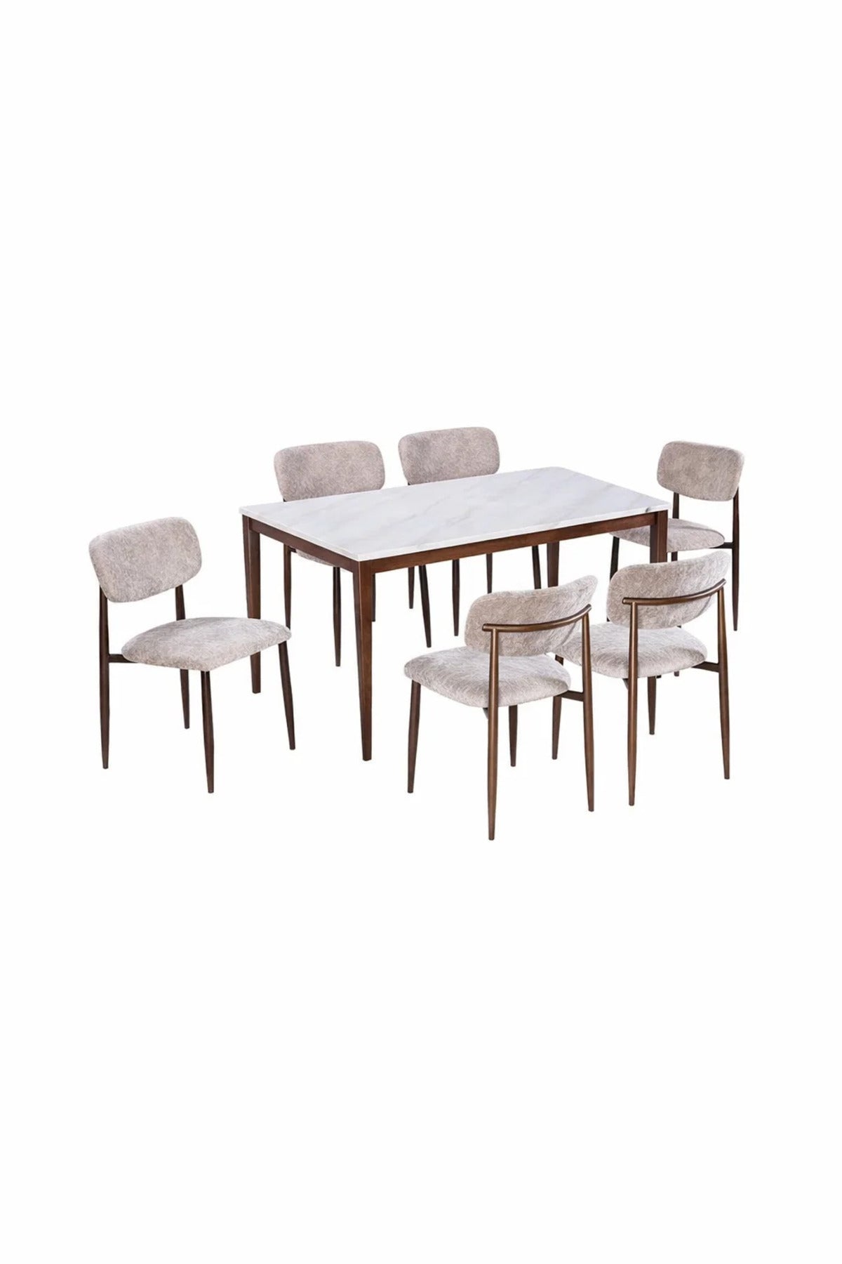 Luxury 6-Person Dining Table Set Faux Marble Top with Upholstered Fabric Chairs Brown Legs