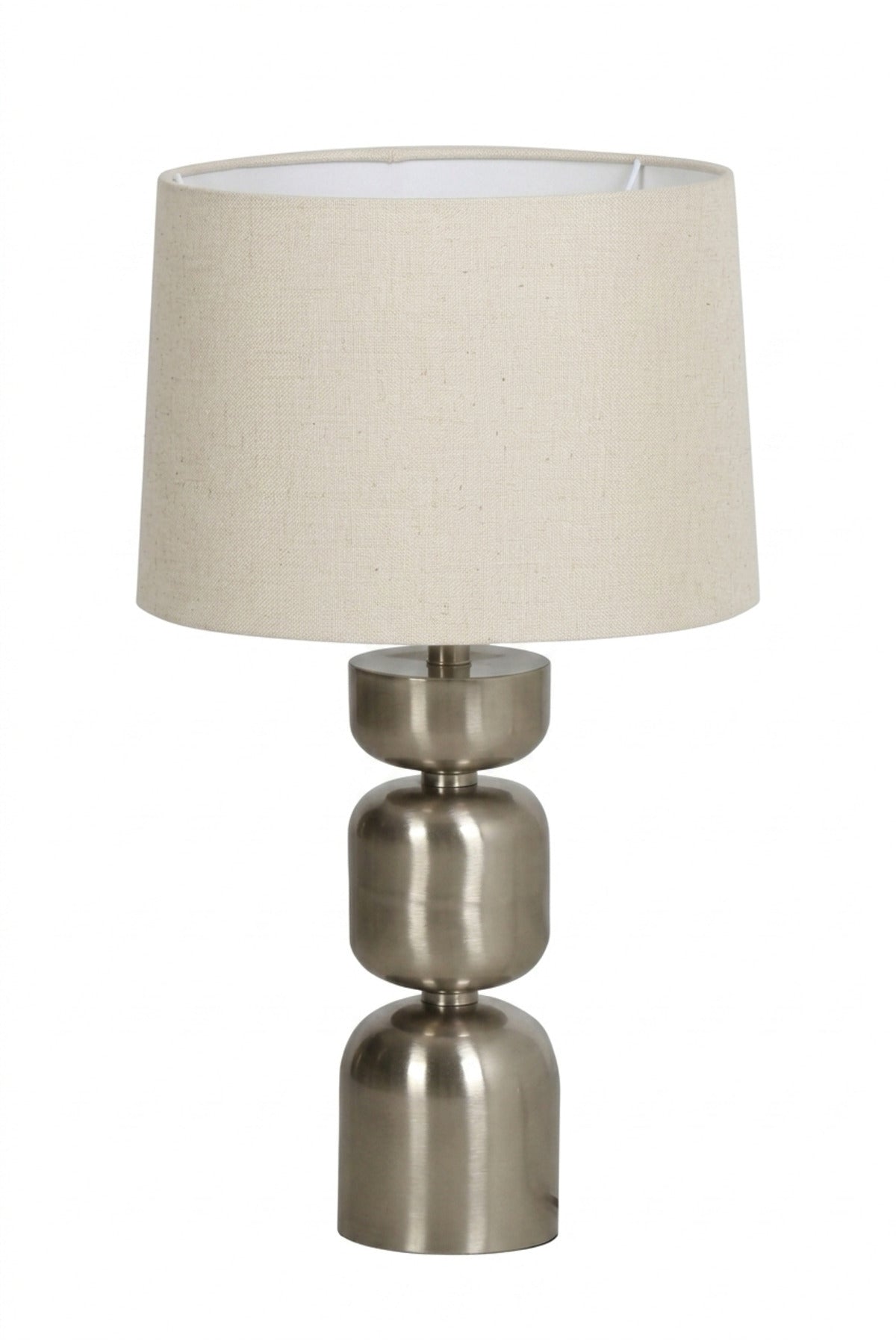 Modern Silver Table Lamp with Stacked Geometric Base and Fabric Shade Decorative Bedside Light for Bedroom Living Room Office and Hotel Décor