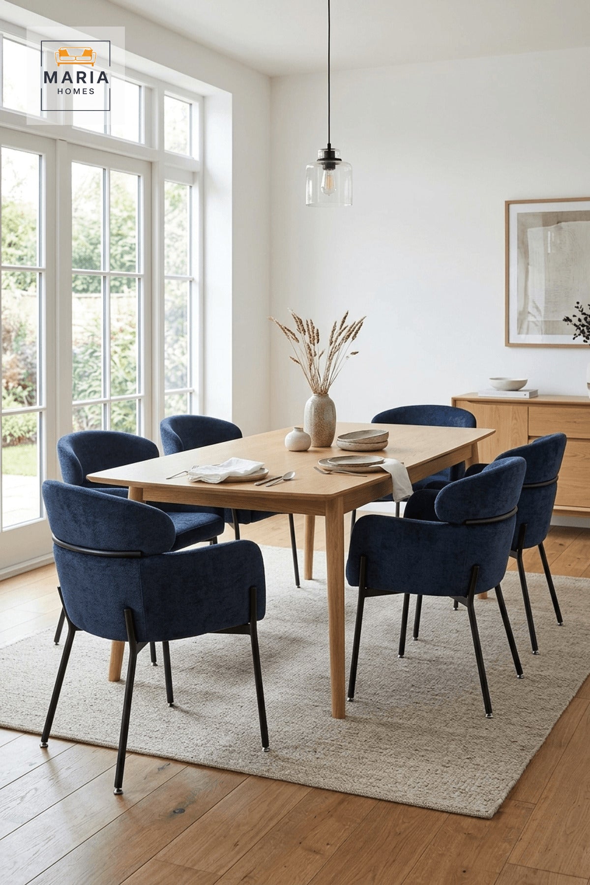 Dark Blue Upholstered Dining Chair with Black Metal Legs, Modern Accent Seat