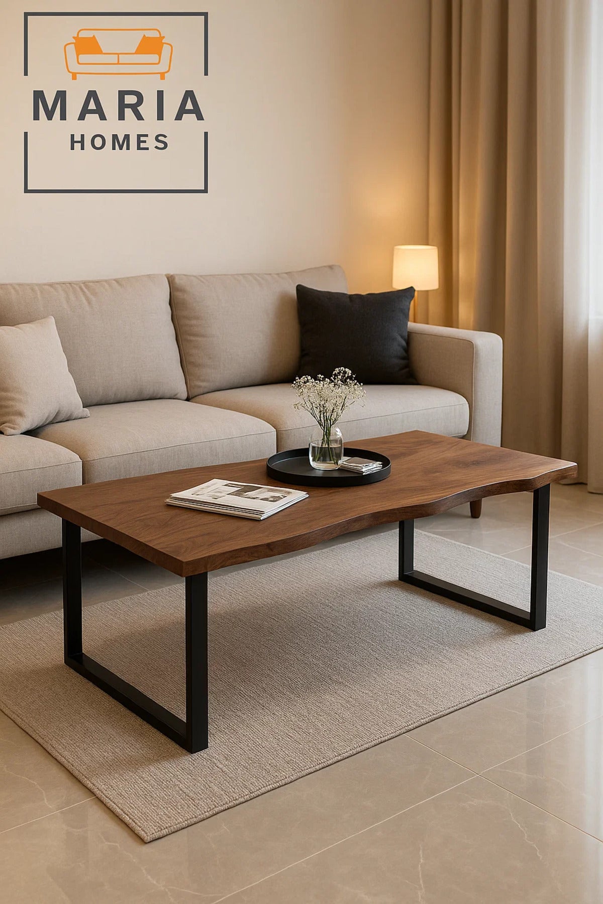 Center Table 120x60x45cm Ð Walnut Wood Finish with Black Metal Base for Modern Living Rooms