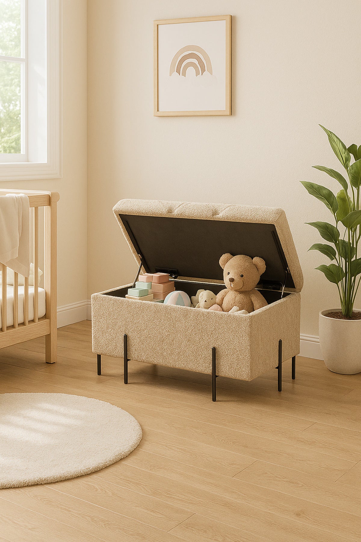 Brown Storage Bench with Tufted Fabric Seat & Black Metal Legs Ð 90_38_40 cm