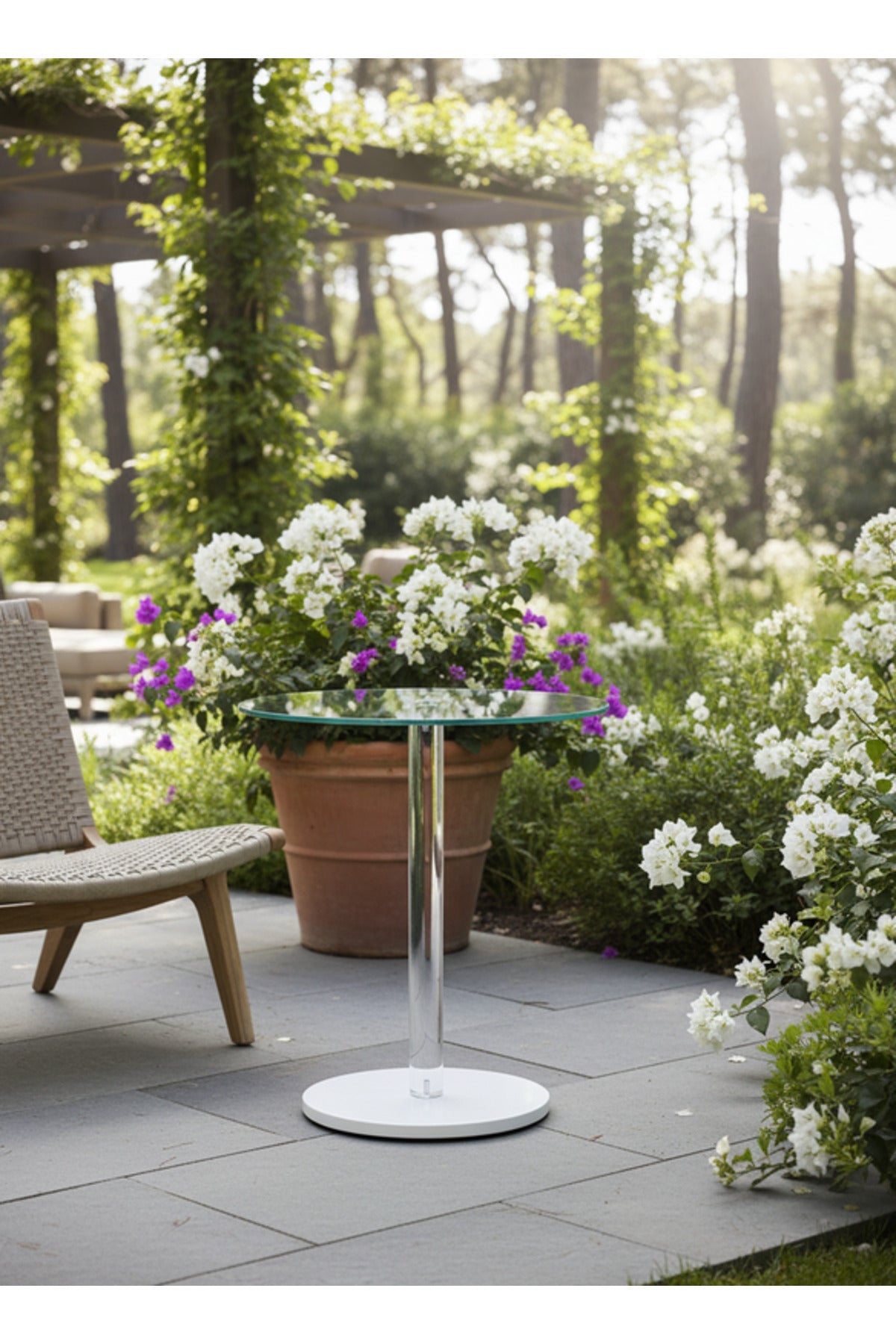 Modern Glass Top Outdoor Bistro Table with White Base Patio Cafe Table
