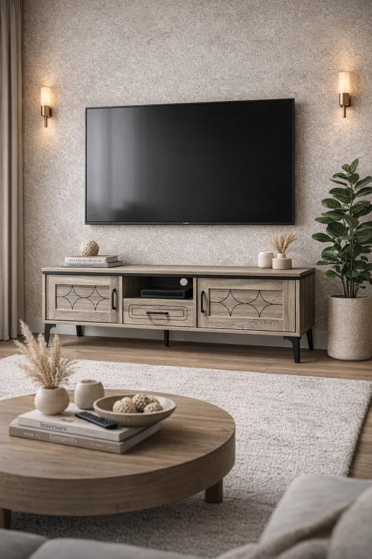 Elegant Wooden TV Unit 160cm Wide Media Stand with Storage Cabinets and Open Shelf for Salon