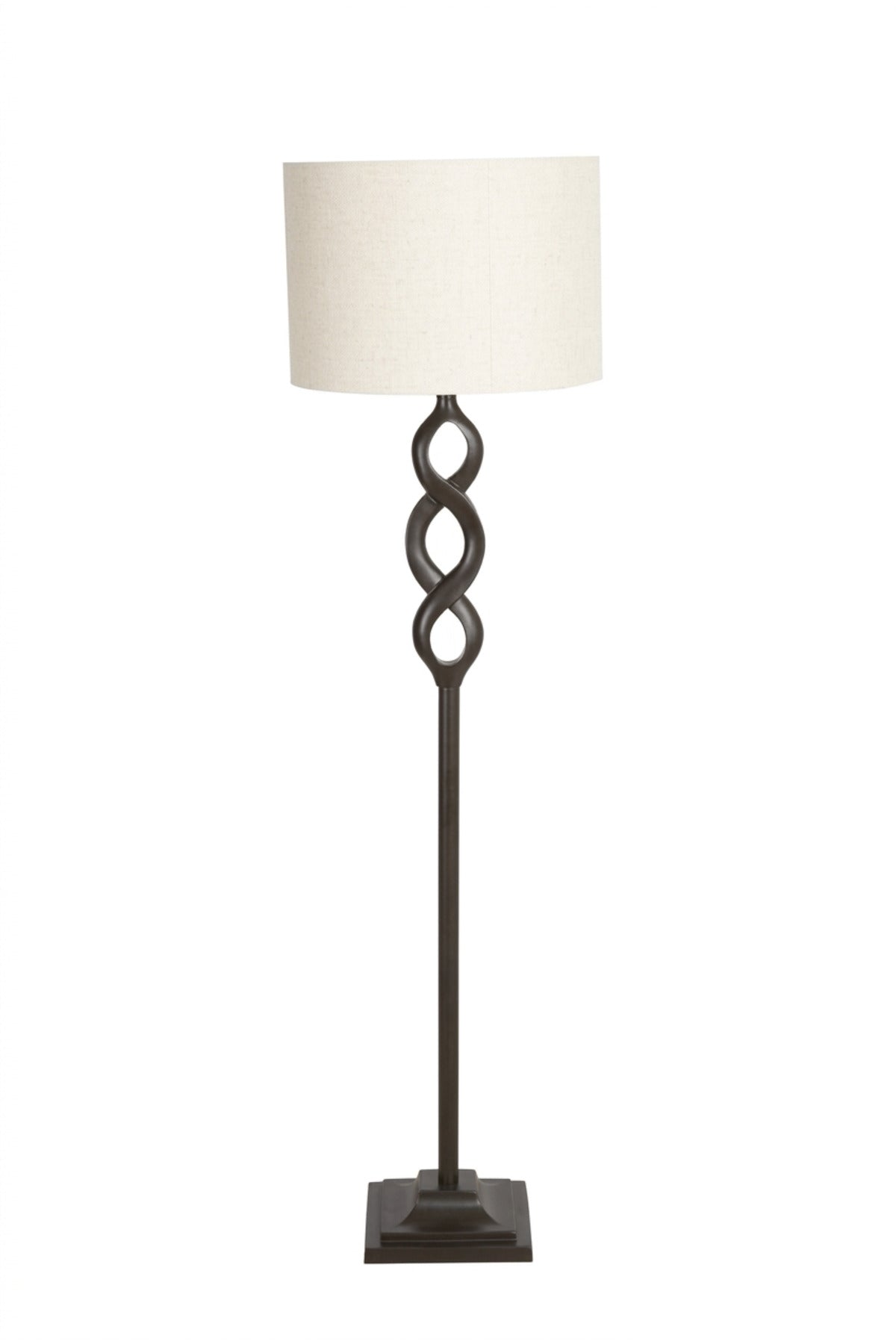 Elegant Floor Lamp with Interlocking Loop Design, Fabric Drum Shade and Stepped Square Base Decorative Standing Light for Living Room Bedroom and Office