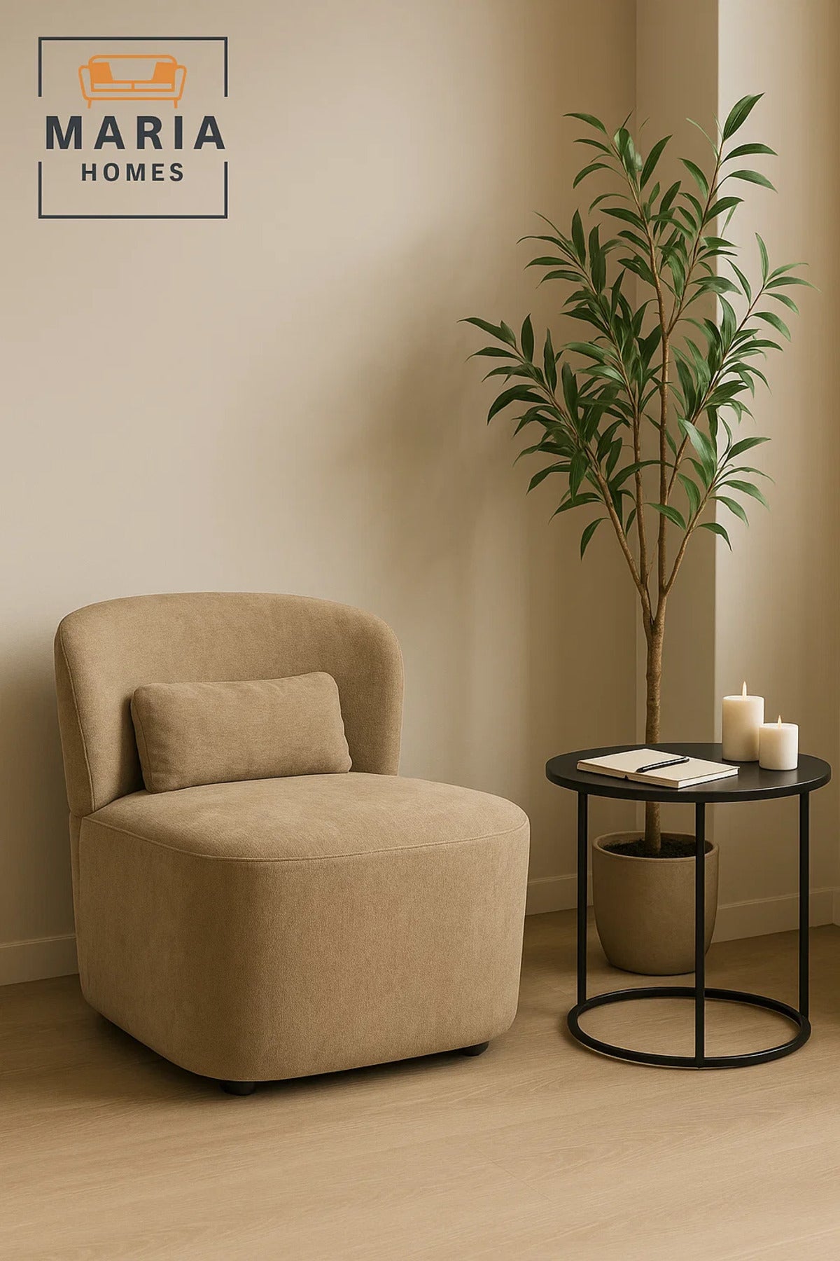 Modern Lounge Chair Ð Soft Beige Fabric Accent Chair with Back Cushion