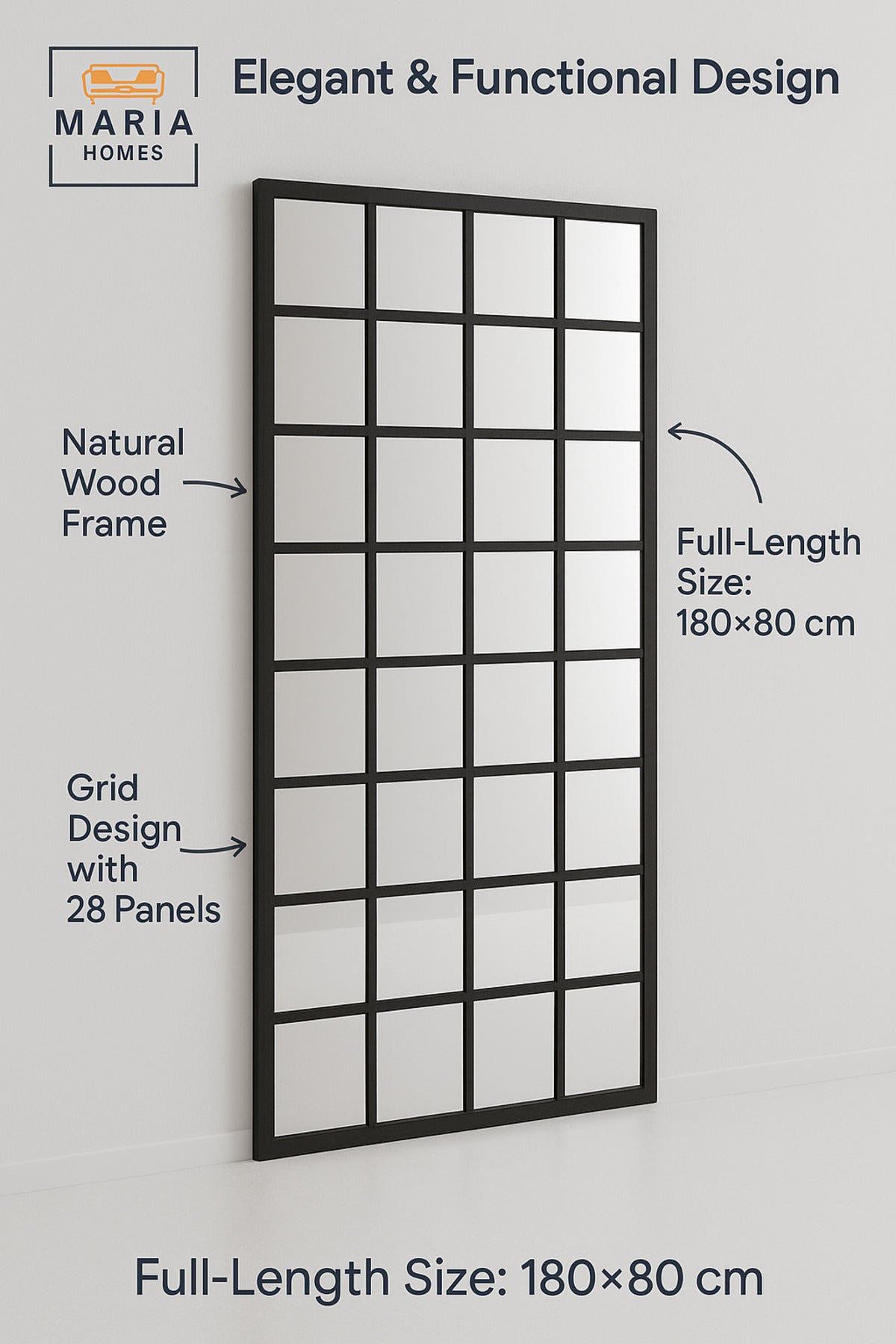 Black Wooden Frame Wall Mirror with Grid Design Ð Decorative Full-Length Mirror (180_80 cm)