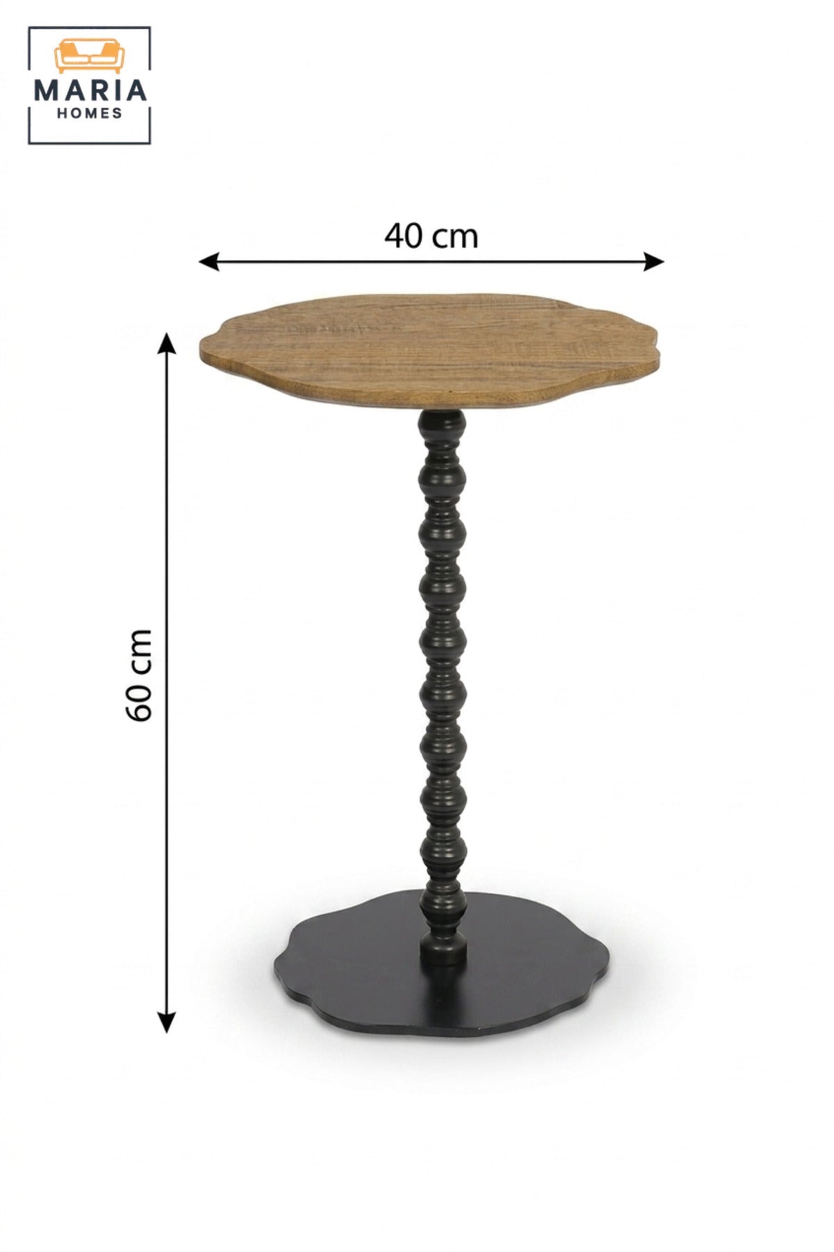 Modern Wood Top Side Table with Decorative Black Pedestal Base, Compact Accent Table for Living Room, Bedroom, Sofa Side & Lounge – 40 × 60 cm