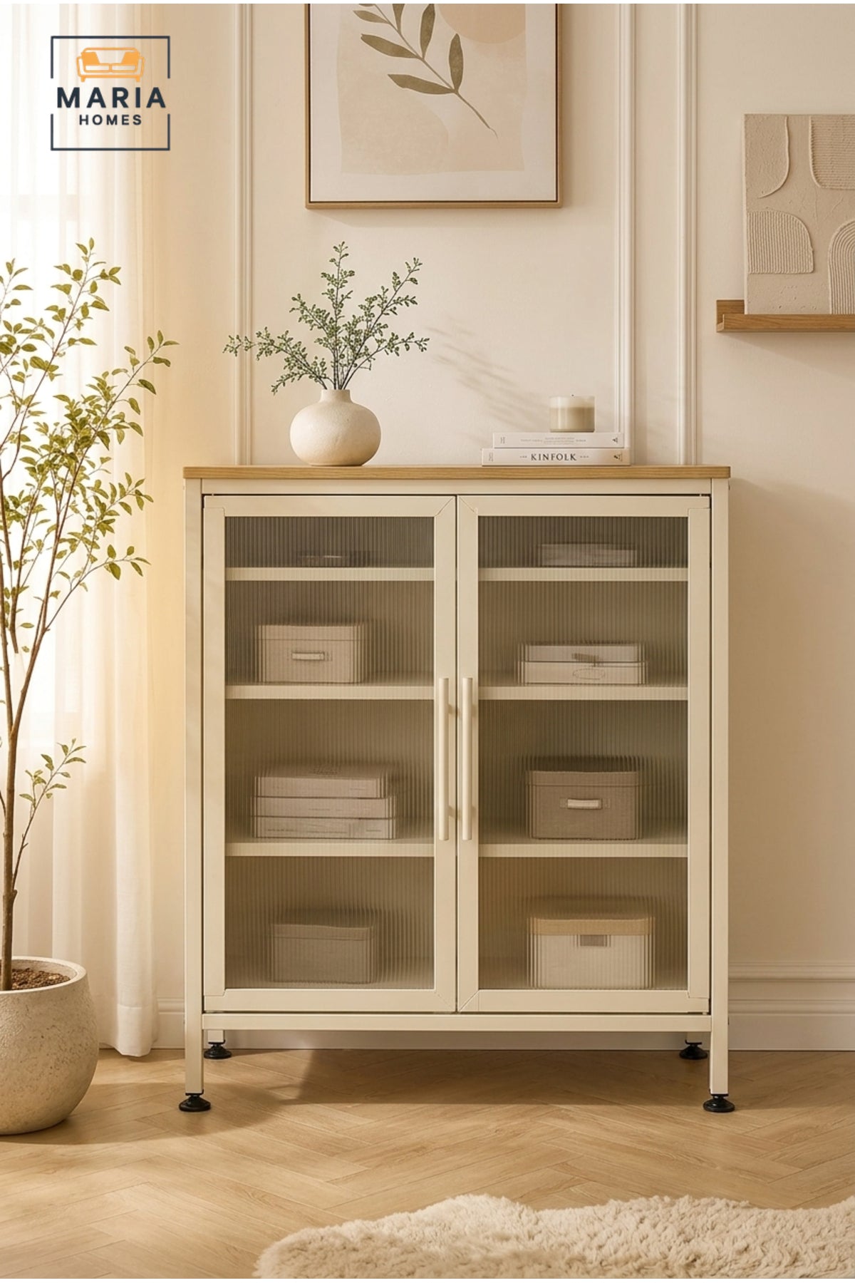 Modern Metal Storage Cabinet with Fluted Glass Doors √ê Compact Display & Organization Cabinet