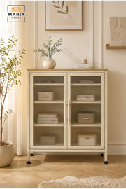 Modern Metal Storage Cabinet with Fluted Glass Doors √ê Compact Display & Organization Cabinet
