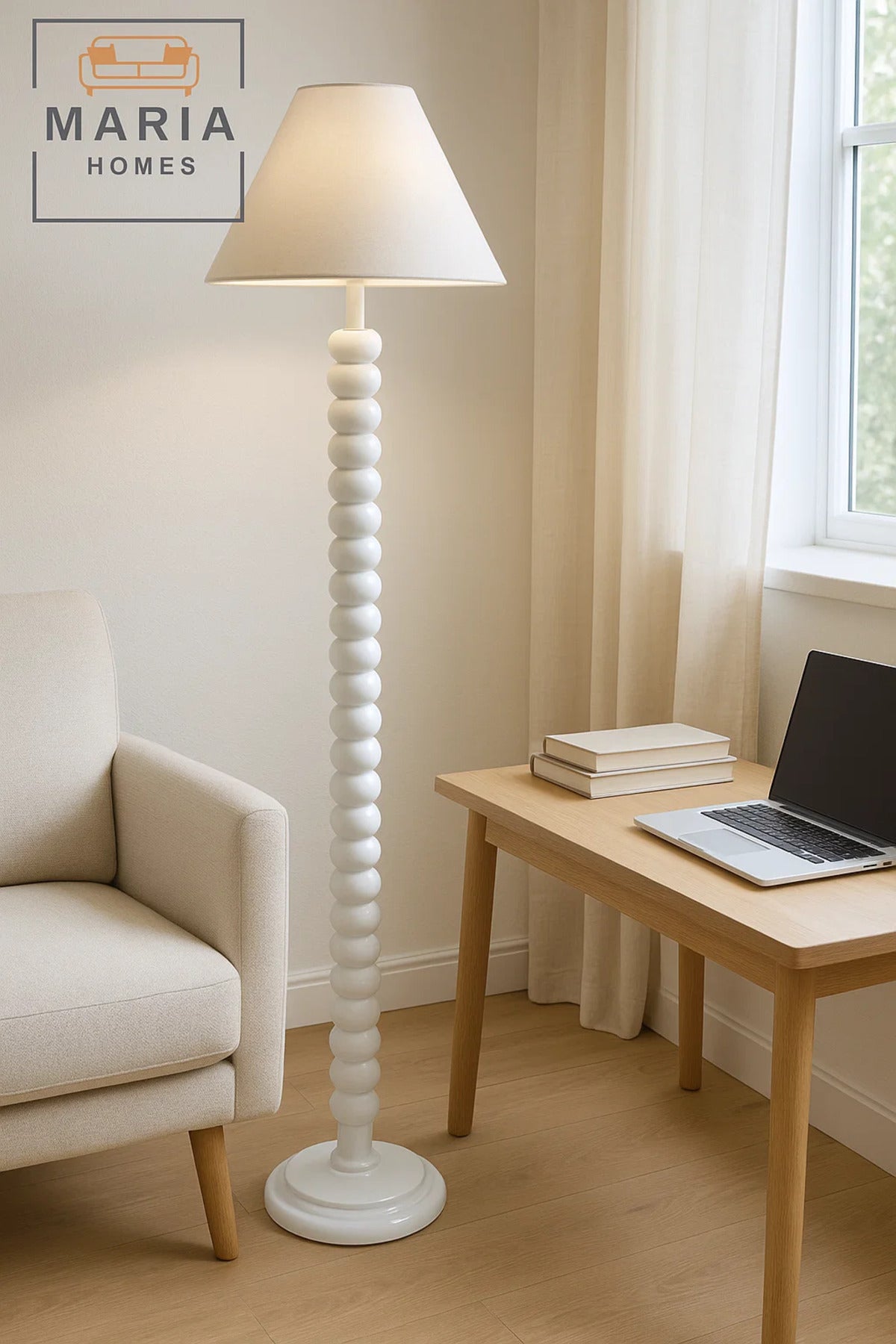 Glossy White Floor Lamp with Beaded Stand and Cone Shade