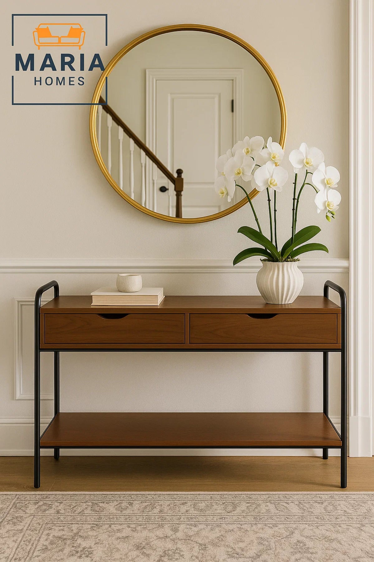 Walnut Console Table with Black Metal Frame and Dual Drawers