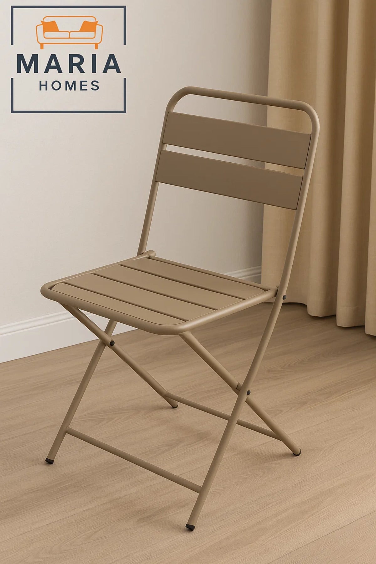 Beige Folding Metal Chair with Slatted Design Ð Space-Saving & Durable for Indoor/Outdoor Use