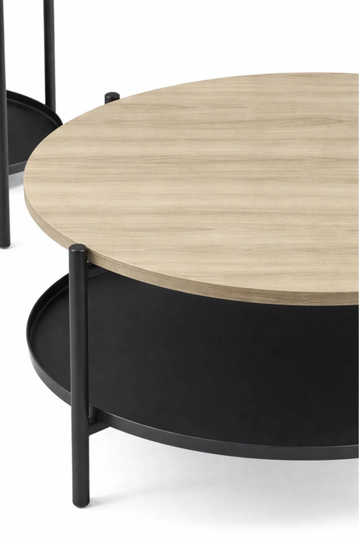 Round Wood Coffee Table Set with 4 Side Tables and Storage Shelf 90 _ 90 _ 45 cm