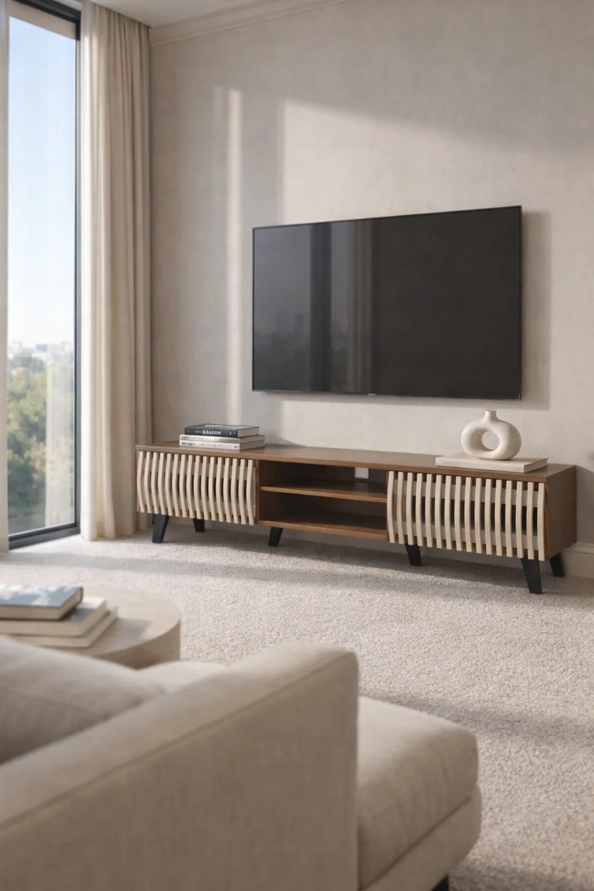 Modern Wooden TV Stand Dark Brown with Beige Slatted Design 160 x 40 x 43 cm