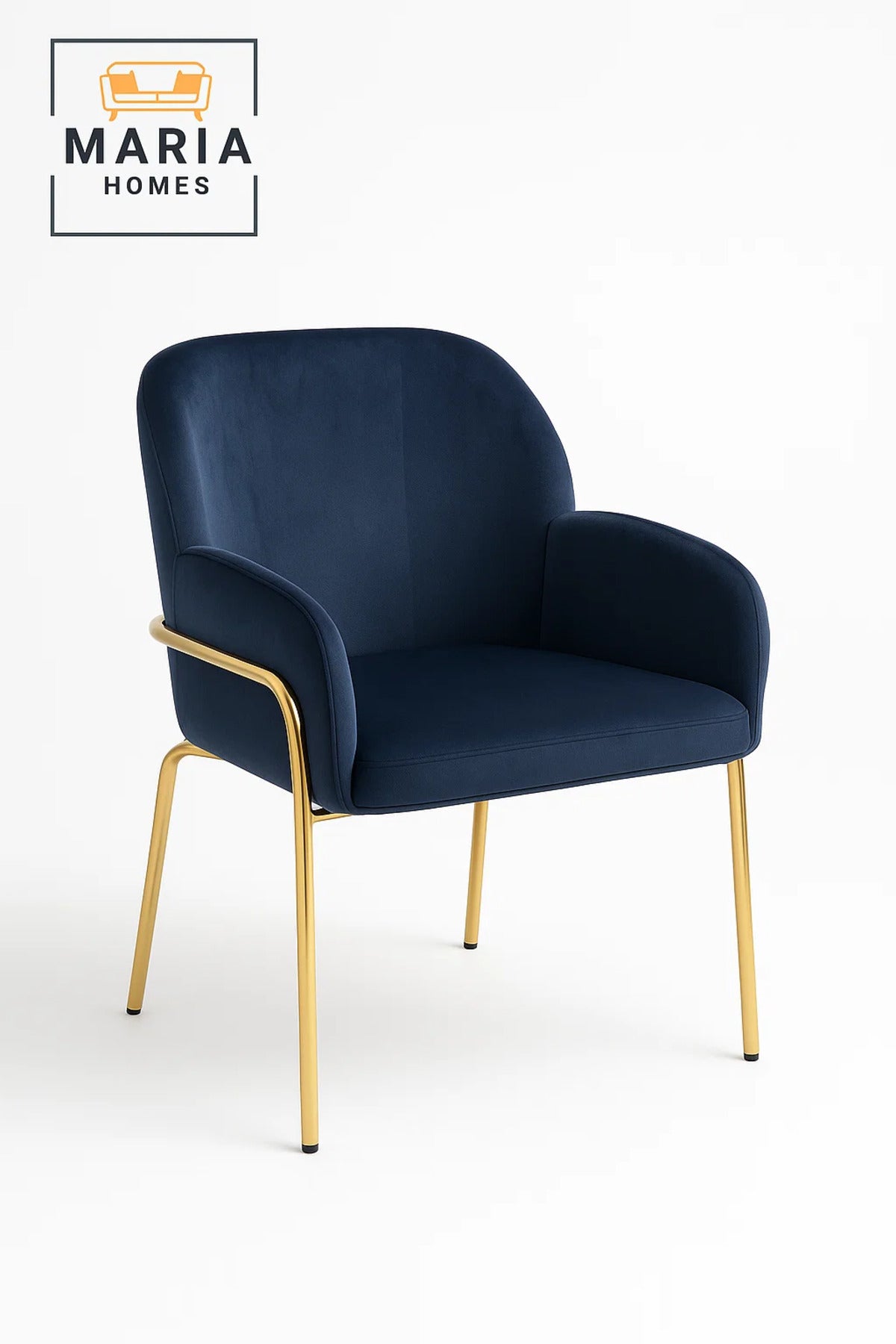 Luxury Navy Blue Velvet Dining Chair with Armrests & Gold Metal Legs, Modern Accent Chair for Home