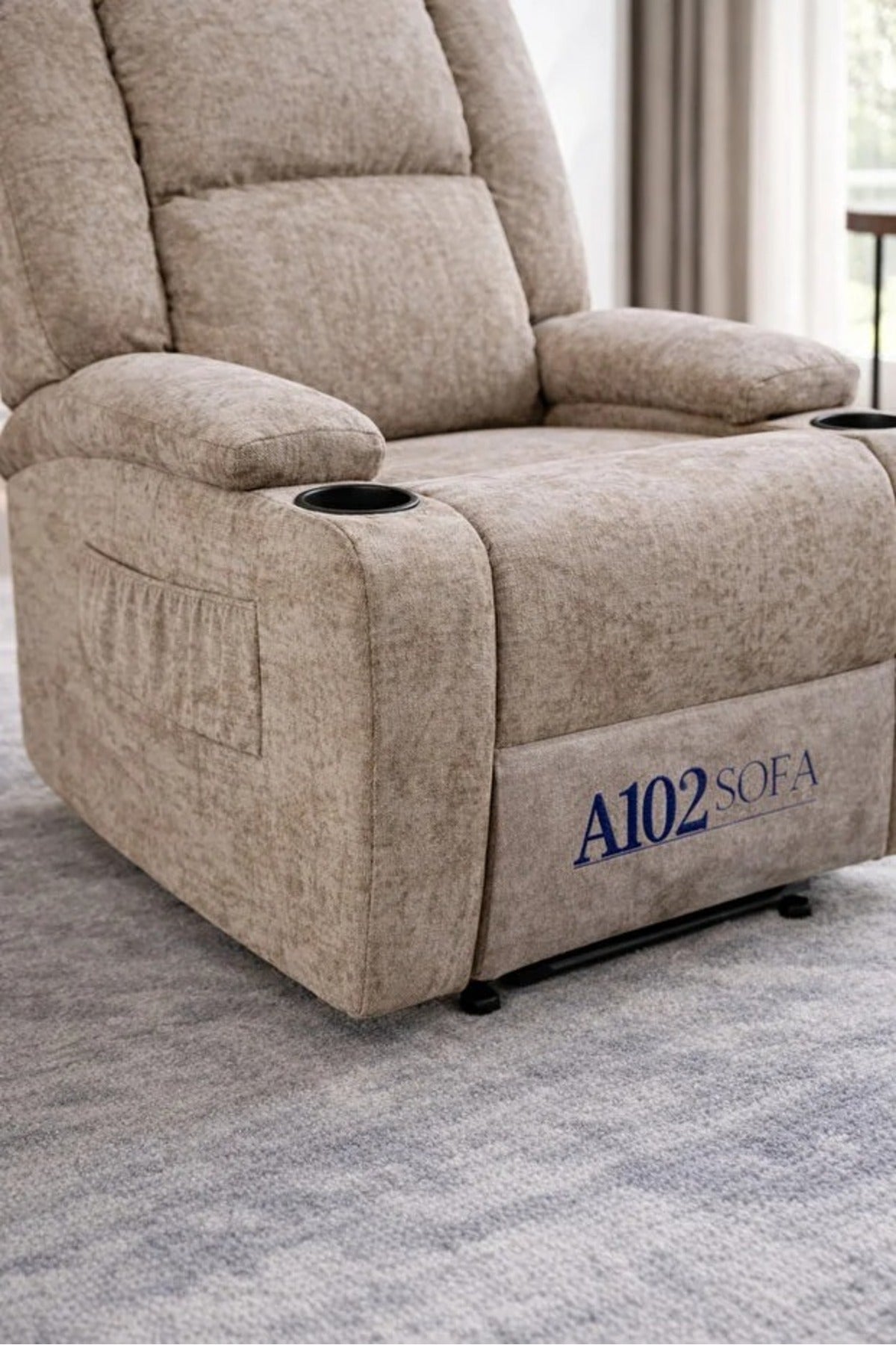 Comfortable recliner chair with arms, beige color, adjustable with footrest
