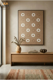 Modern Geometric Textured Wall Art with Slim Black Frame, Beige and White Circle Design for Living Room, Bedroom, Hallway and Office Décor
