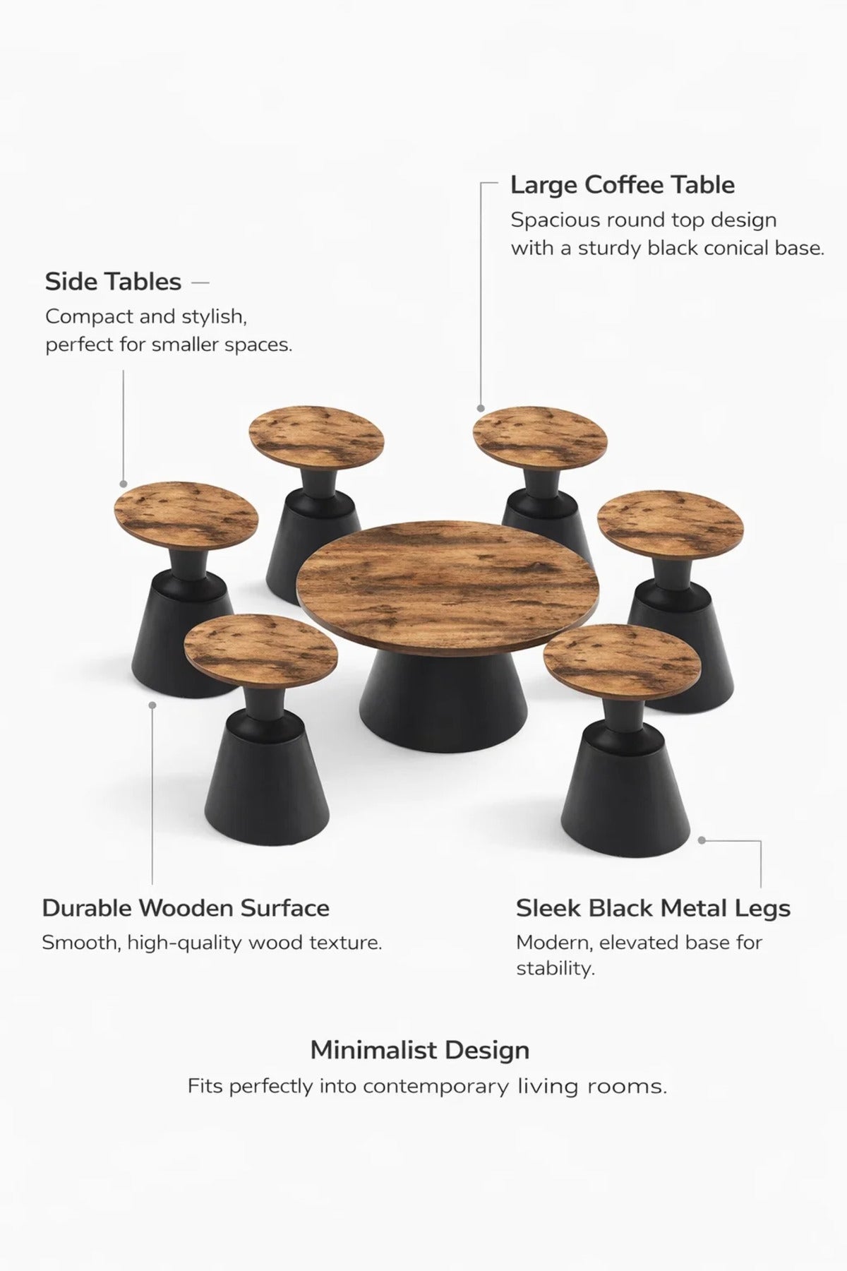 Premium 7-Piece Living Room Table Set One Center Table Six Side Tables Wood Top Black Base Kit