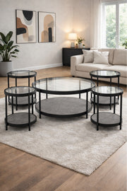 Grey 1+4 Coffee Table Set √ê Modern Glass Design with 1 Large and 4 Side Tables
