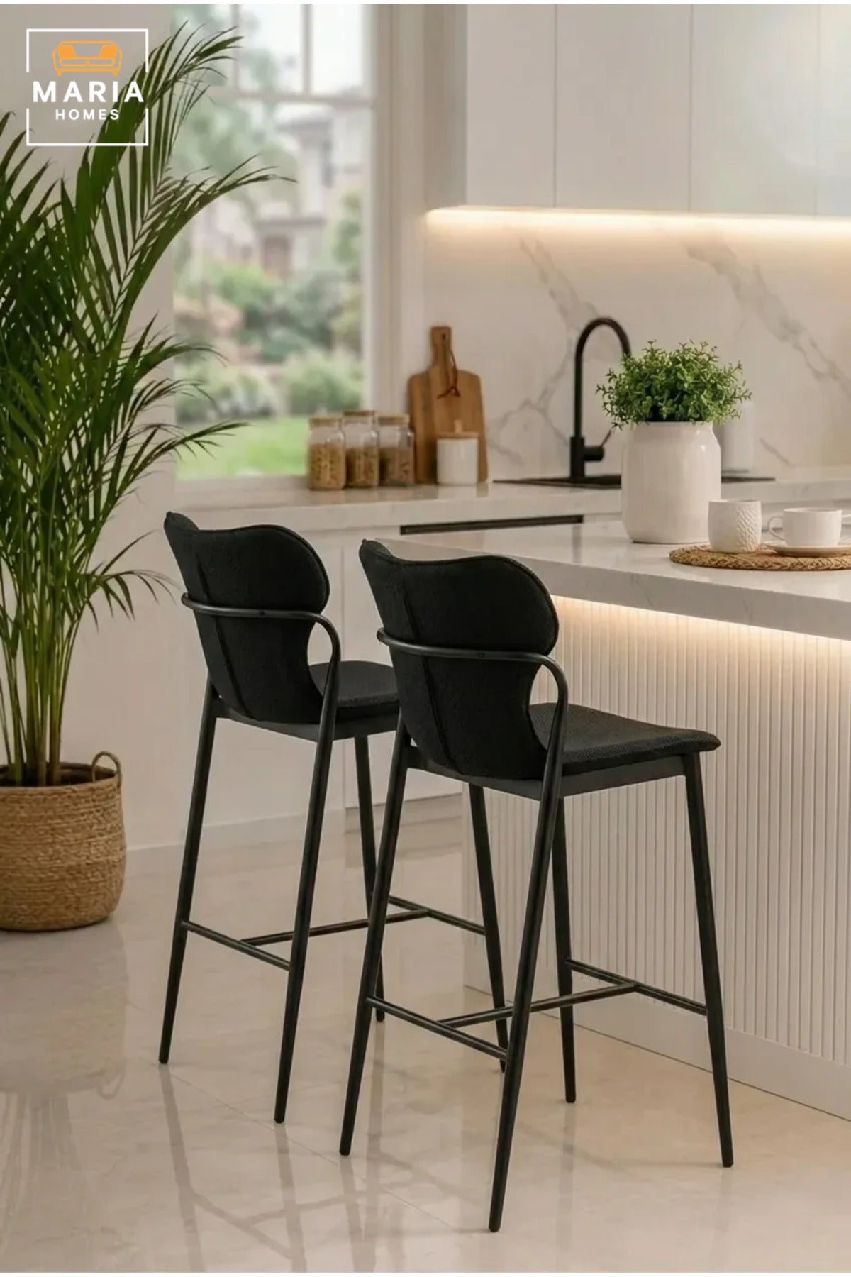Modern Black Upholstered Bar Chair – Contemporary Counter Height Stool with Metal Frame & Footrest