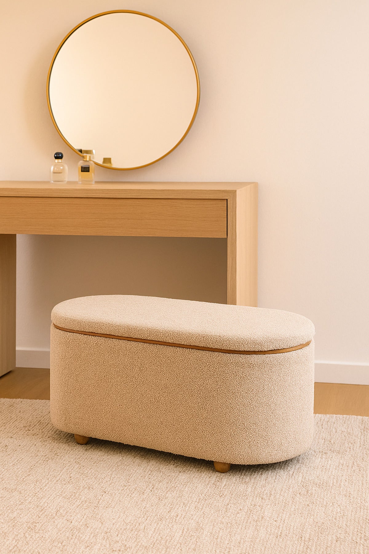 Brown Oval Storage Ottoman Bench with Wooden Base Ð Modern Fabric Seat 88_35_40 cm