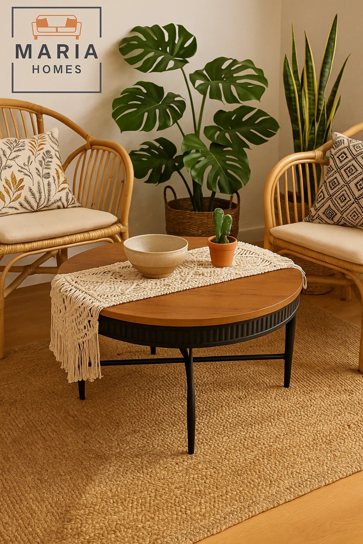Round wooden coffee table with black fluted edge and base